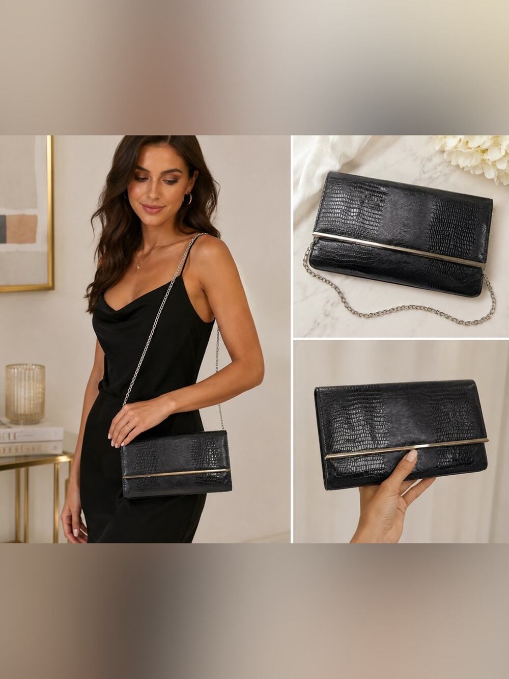 Black Faux Croc Embossed Foldover Clutch Purse Chain Strap Evening Bag